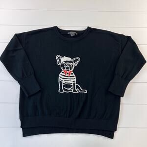 French Connection Le Frenchie Dog Knit Sweater Women's Small Black 3/4 sleeve